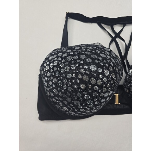 Cacique Boost Plunge Bra Seriously Sexy Metallic Black And Silver Sparkle 42D - Picture 2 of 10